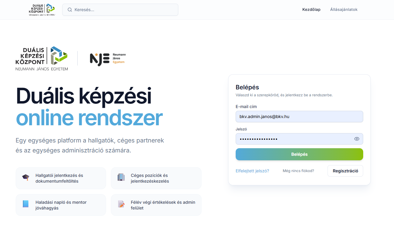 Neumann János Egyetem Duális Portál képernyőképe